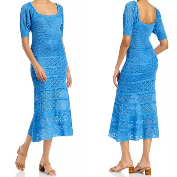 AQUA Puff Sleeve Crocheted Blue Midi Dress size XS - Picture 1 of 5